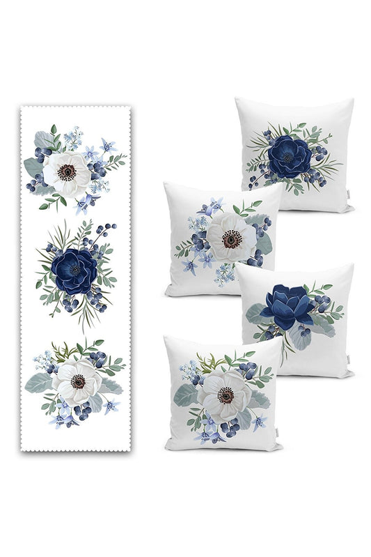 Flower Modern Design Set 4 Pillow Cases+1 Runner, First Quality Fabric Throw Pillow Covers Indoor, Living Room 45x45cm