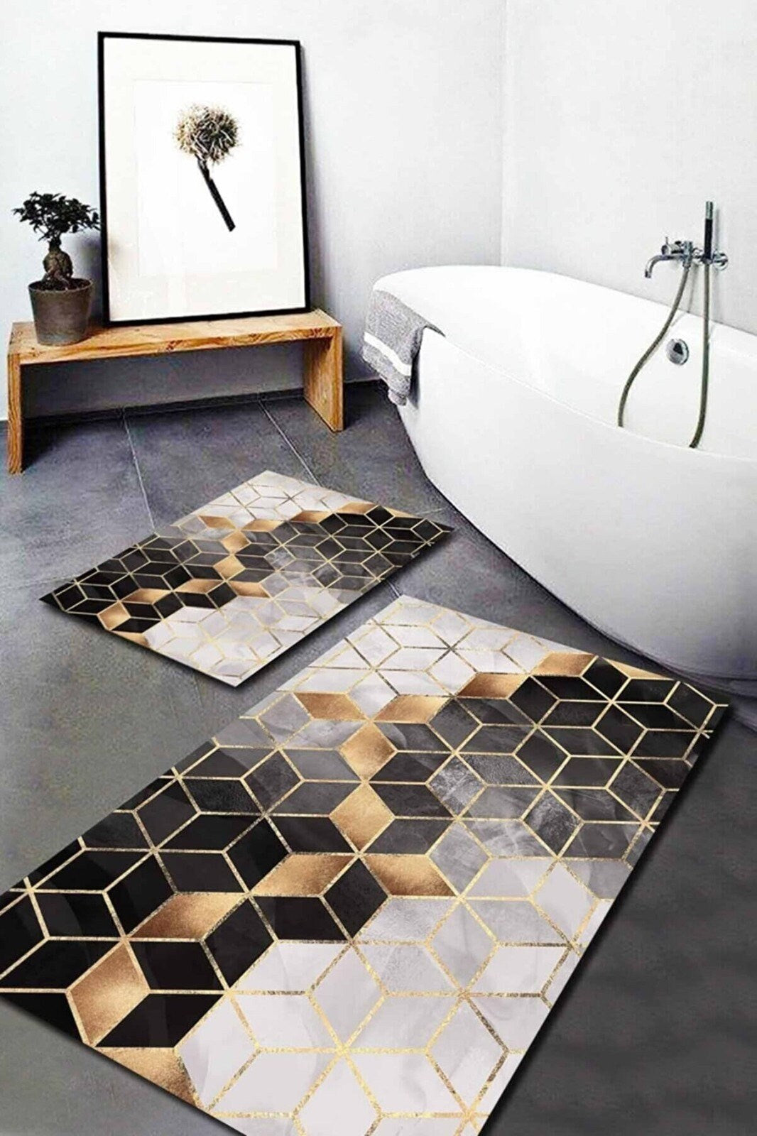 Luxury Set of 2 Modern Optic Bath Mat|Anti-Slip Bathmat| Stylish Non Slip Shower Mat| Non Slip Bathroom Rugs|Decorative Bath Rug|Floor Mat