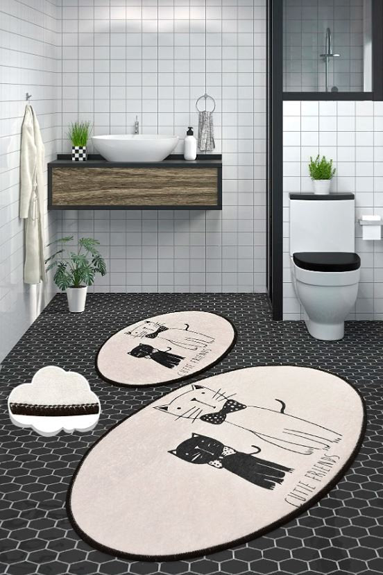 Luxury Set of 2 Modern Cute Cat Pattern Bath Mat Anti-Slip Bathmat Stylish Non Slip Shower Mat Non Slip Bathroom Rugs Decorative Bath Rug