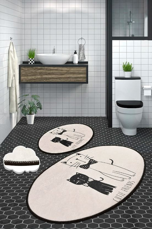 Luxury Set of 2 Modern Cute Cat Pattern Bath Mat Anti-Slip Bathmat Stylish Non Slip Shower Mat Non Slip Bathroom Rugs Decorative Bath Rug