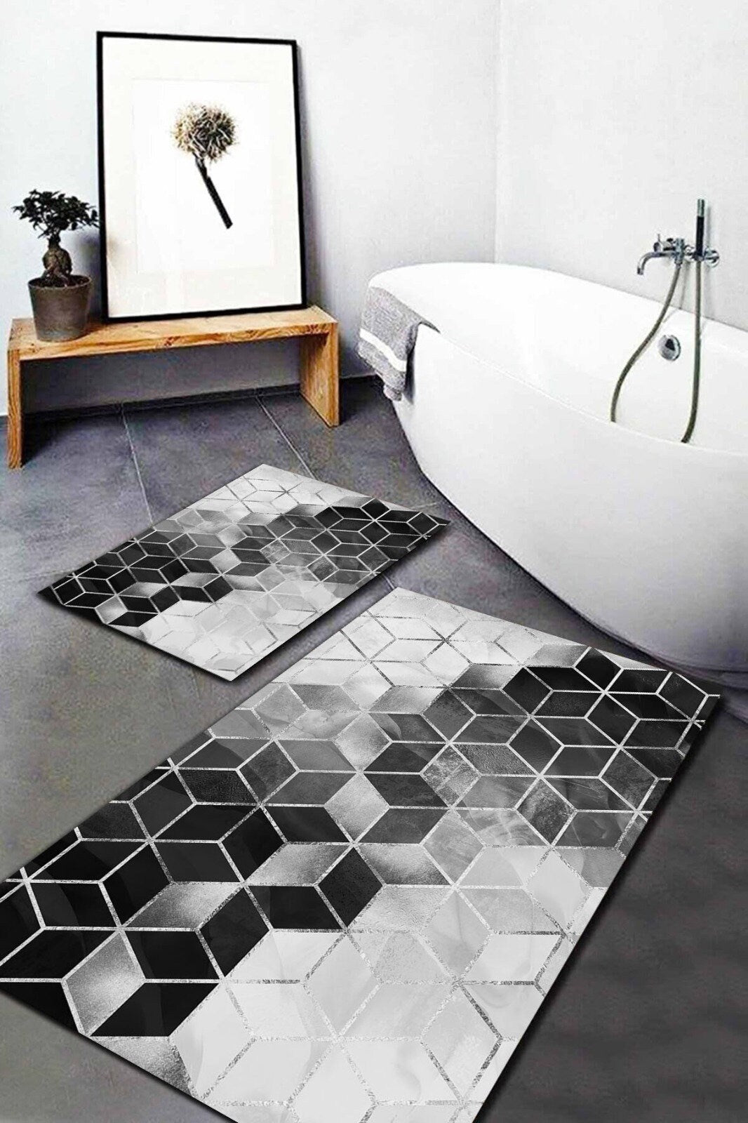 Luxury Set of 2 Modern Optic Bath Mat|Anti-Slip Bathmat| Stylish Non Slip Shower Mat| Non Slip Bathroom Rugs|Decorative Bath Rug|Floor Mat