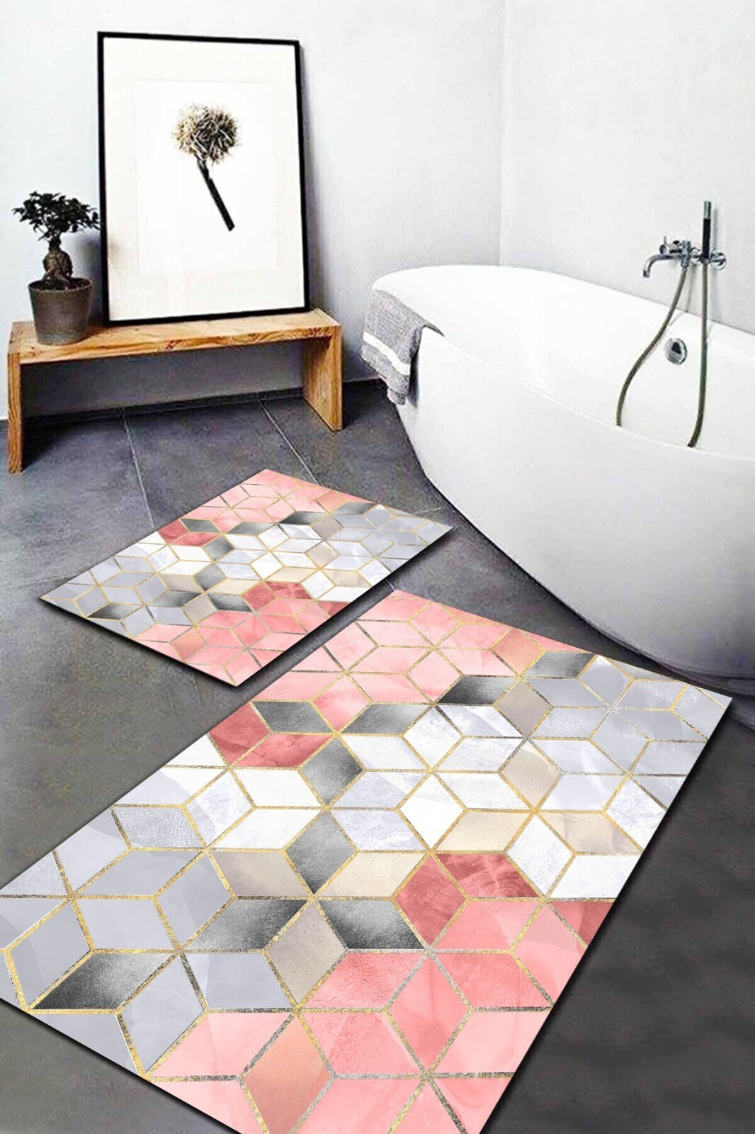 Luxury Set of 2 Modern Optic Bath Mat|Anti-Slip Bathmat| Stylish Non Slip Shower Mat| Non Slip Bathroom Rugs|Decorative Bath Rug|Floor Mat
