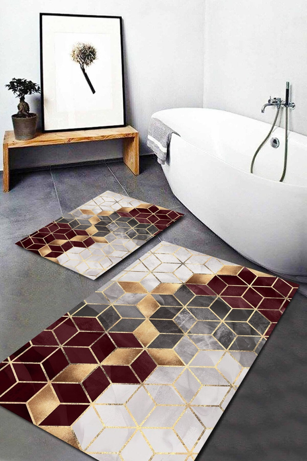 Luxury Set of 2 Modern Optic Bath Mat|Anti-Slip Bathmat| Stylish Non Slip Shower Mat| Non Slip Bathroom Rugs|Decorative Bath Rug|Floor Mat