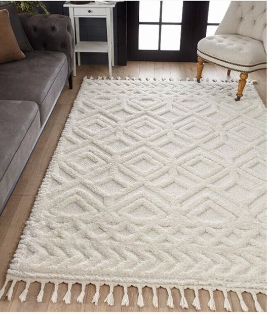 Luxury Scandi Style Modern Area Rug: Square Design with Jute Backing - Elegant White Color, Minimal Abstract Style, Minimal Designs