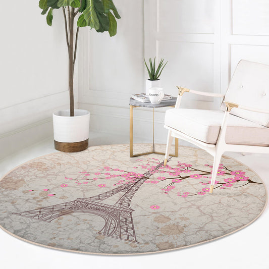 Round Pink Beige Color Rug, Minimal Eiffel Tower, Non-Slip Base, Paris View - Living Room, Bedroom Decor, Rug, Carpet for Home Garden