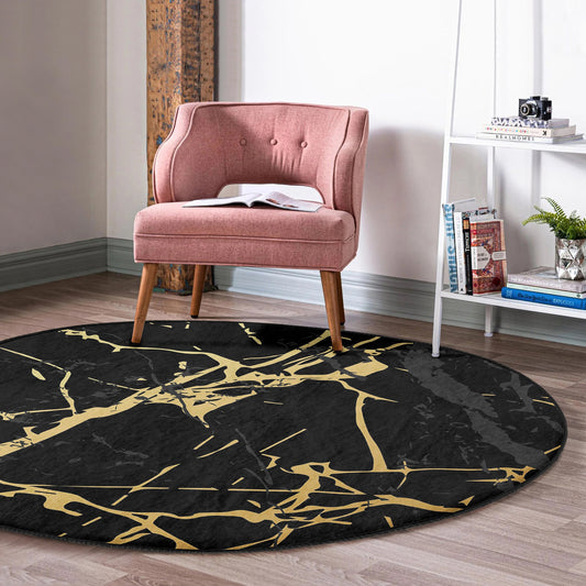 Round Black Gold Rug, Minimal Marble Design, Non-Slip Base, Modern Pattern, Living Room, Bedroom Decor, Abstract Rug, Carpet for Home Garden