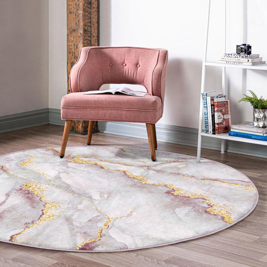 Round Gray Gold Rug, Minimal Marble Design, Non-Slip Base, Modern Pattern, Living Room, Bedroom Decor, Abstract Rug, Carpet for Home Garden