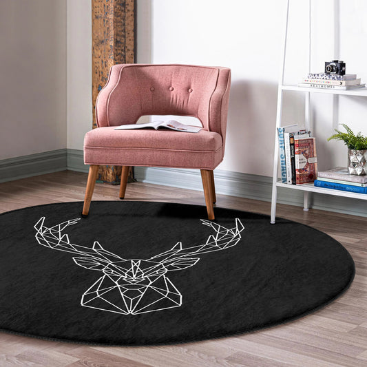 Round Black White Rug, Minimal Diamond Design, Non-Slip Base, Deer Pattern, Living Room, Bedroom Decor, Abstract Rug, Carpet for Home Garden