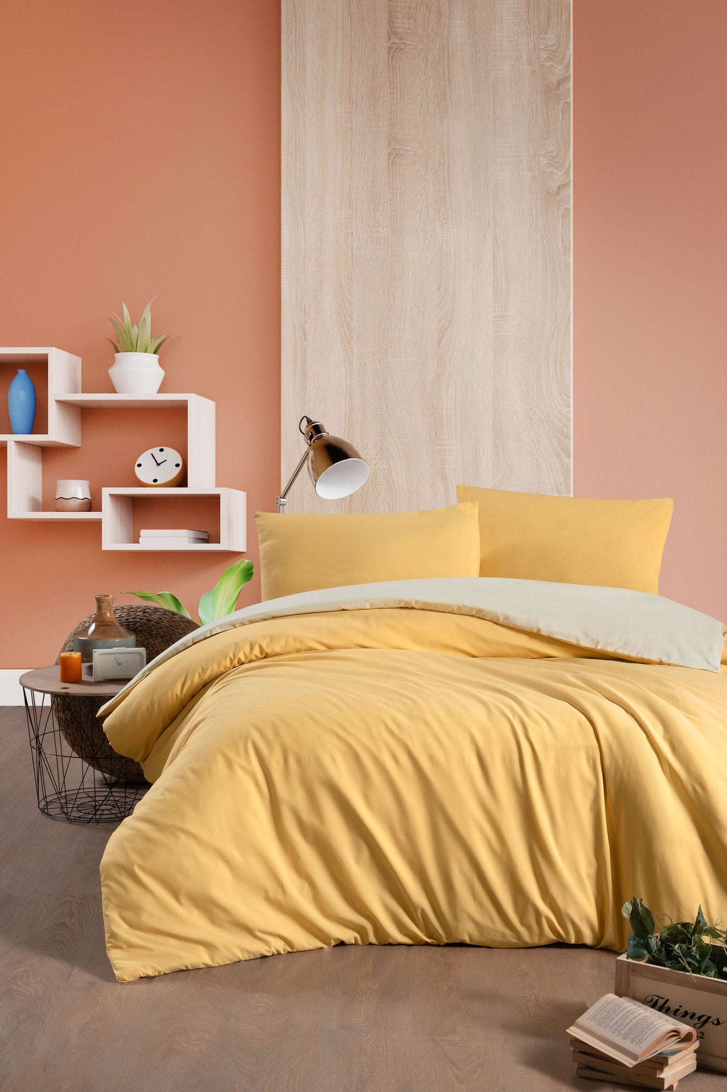 Yellow and Cream Modern Minimalist Bedding Set with Fitted Sheet - Sleek Bedroom Decor, Soft Fabric, Stylish Design Cotton Bedlinen Set