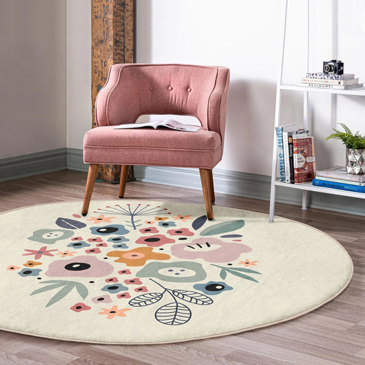 Round Pastel Color Rug, Minimal Floral Design, Non-Slip Base, Flower Pattern - Living Room, Bedroom Decor, Rug, Carpet for Home Garden