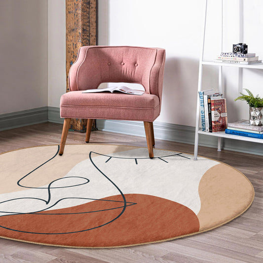 Round Soft Color Rug, Minimal Abstract Design, Non-Slip Base, Drawing Pattern - Living Room, Bedroom Draw Art, Rug, Carpet for Modern Home