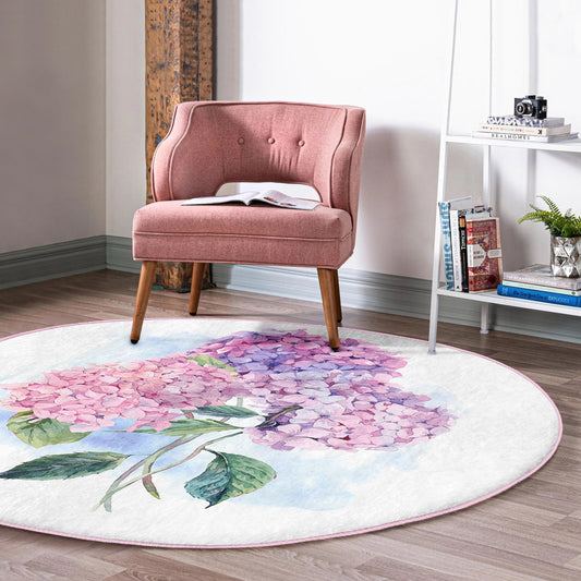 Round Purple Flower Rug, Minimal Floral Design, Non-Slip Base, Purple Pattern - Living Room, Bedroom Decor, Rug, Carpet for Home Garden
