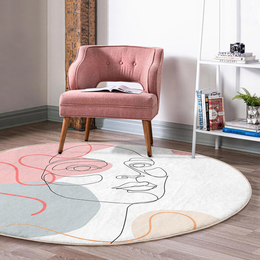 Round Pink Drawing Rug, Minimal Abstract Design, Non-Slip Base, Drawing Pattern - Living Room, Bedroom Draw Art, Rug, Carpet for Home