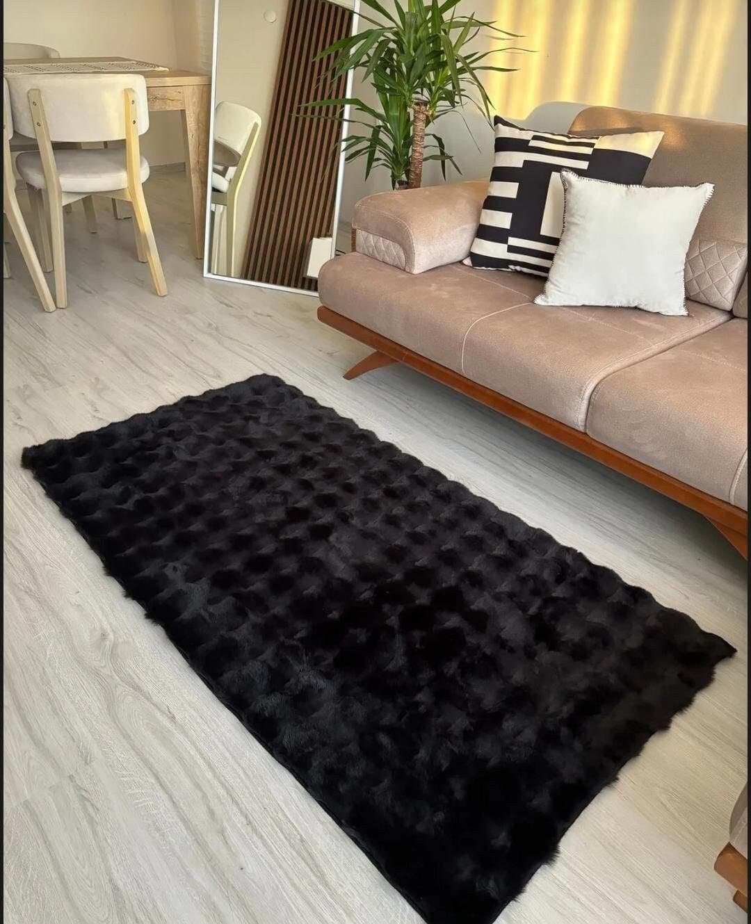 Black Luxury Plush Soft Area Rug - Bubble Rug Fleece - Elegant Faux Rabbit Fur Design, Softest Carpet for All Rooms | Best Seller | Washable