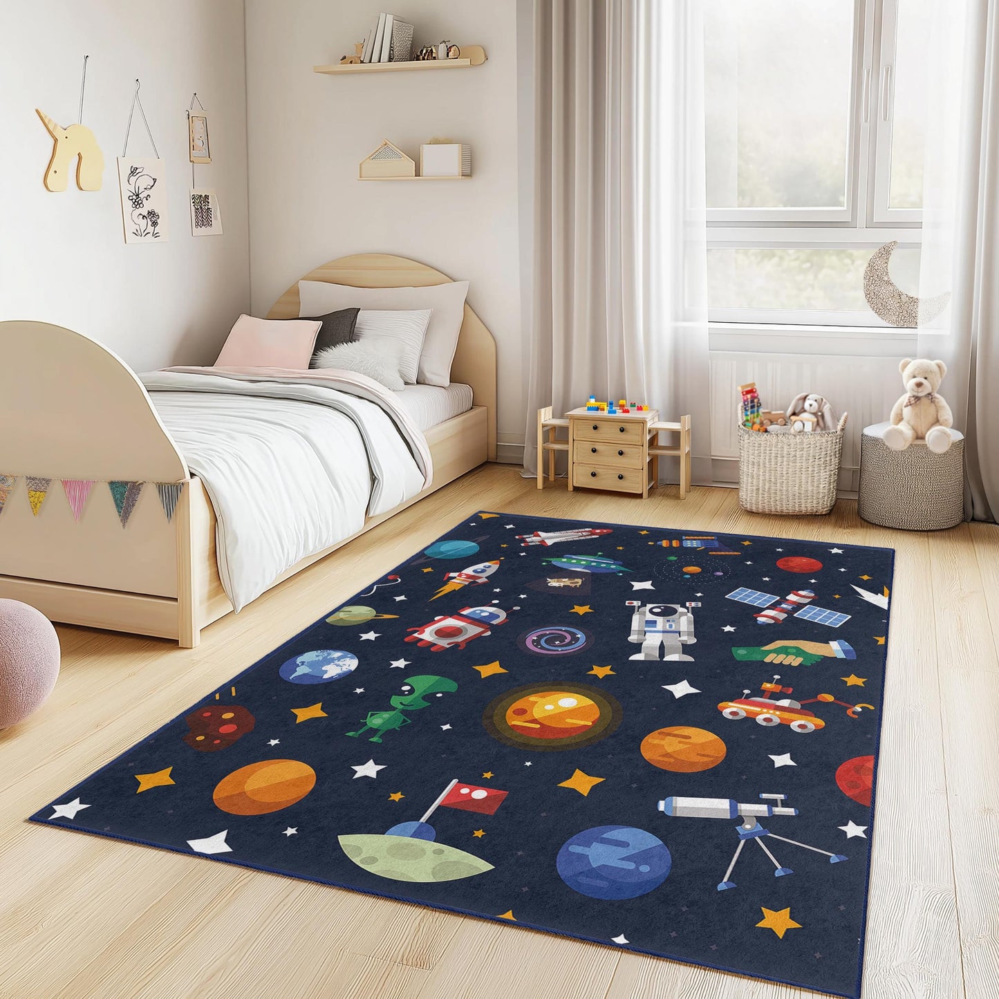 Cosmic Adventure Kids Play Rug, Space Theme Rectangle Rug, Outer Space Kids Carpet, Galaxy Decor for Child's Room