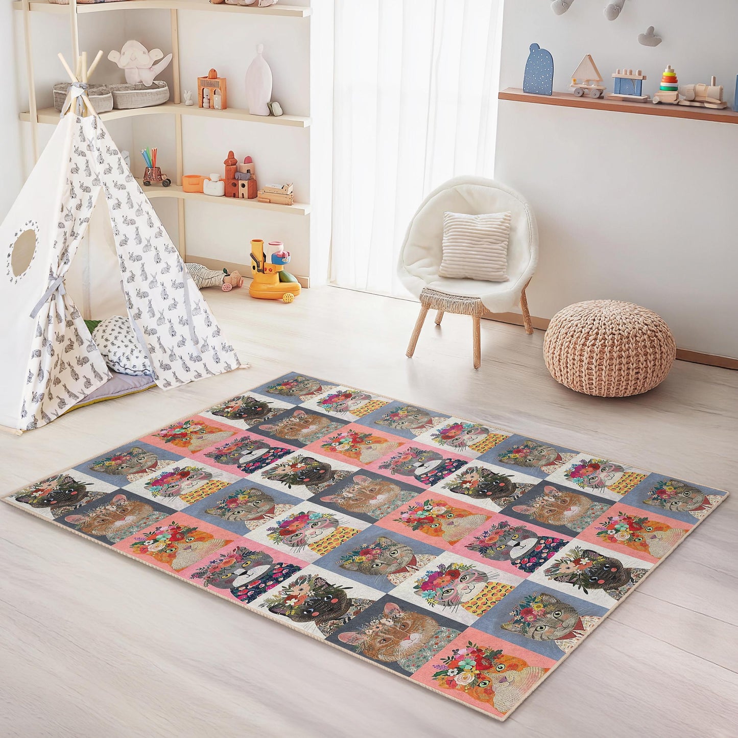 Floral Cat Pattern Kids Area Rug, Rectangle Cat Play Mat, Childrens Room Carpet, Cute Cat Decor, Animal Print Rug for Kids