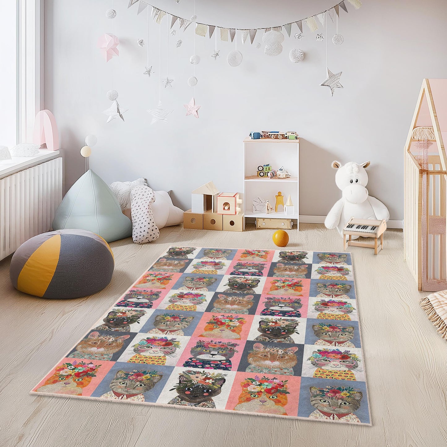 Floral Cat Pattern Kids Area Rug, Rectangle Cat Play Mat, Childrens Room Carpet, Cute Cat Decor, Animal Print Rug for Kids