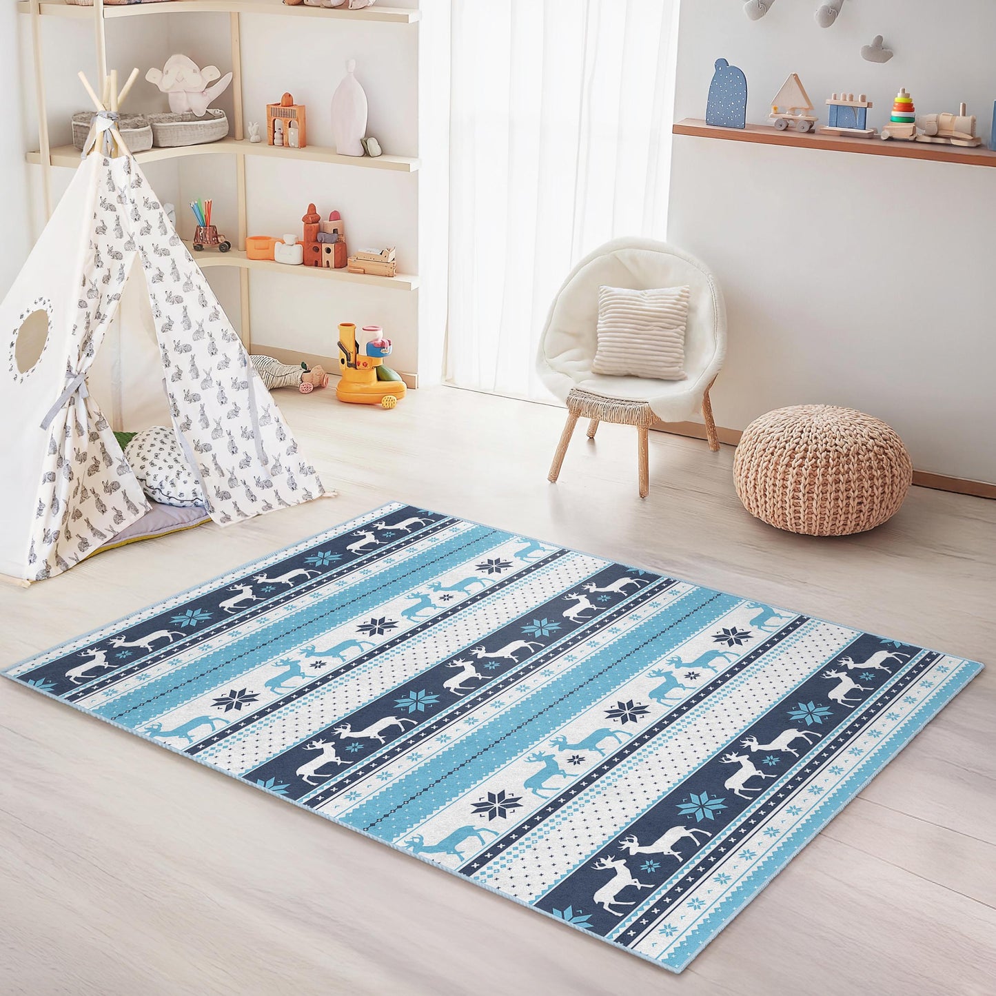 Winter Wonderland Deer Pattern Kids Rug, Rectangular Play Mat for Kids Room, Cozy Nursery Decor, Blue and White Design