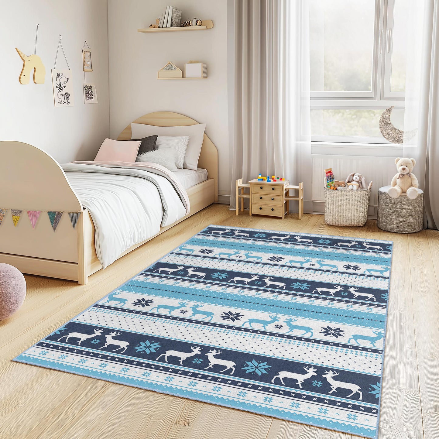 Winter Wonderland Deer Pattern Kids Rug, Rectangular Play Mat for Kids Room, Cozy Nursery Decor, Blue and White Design