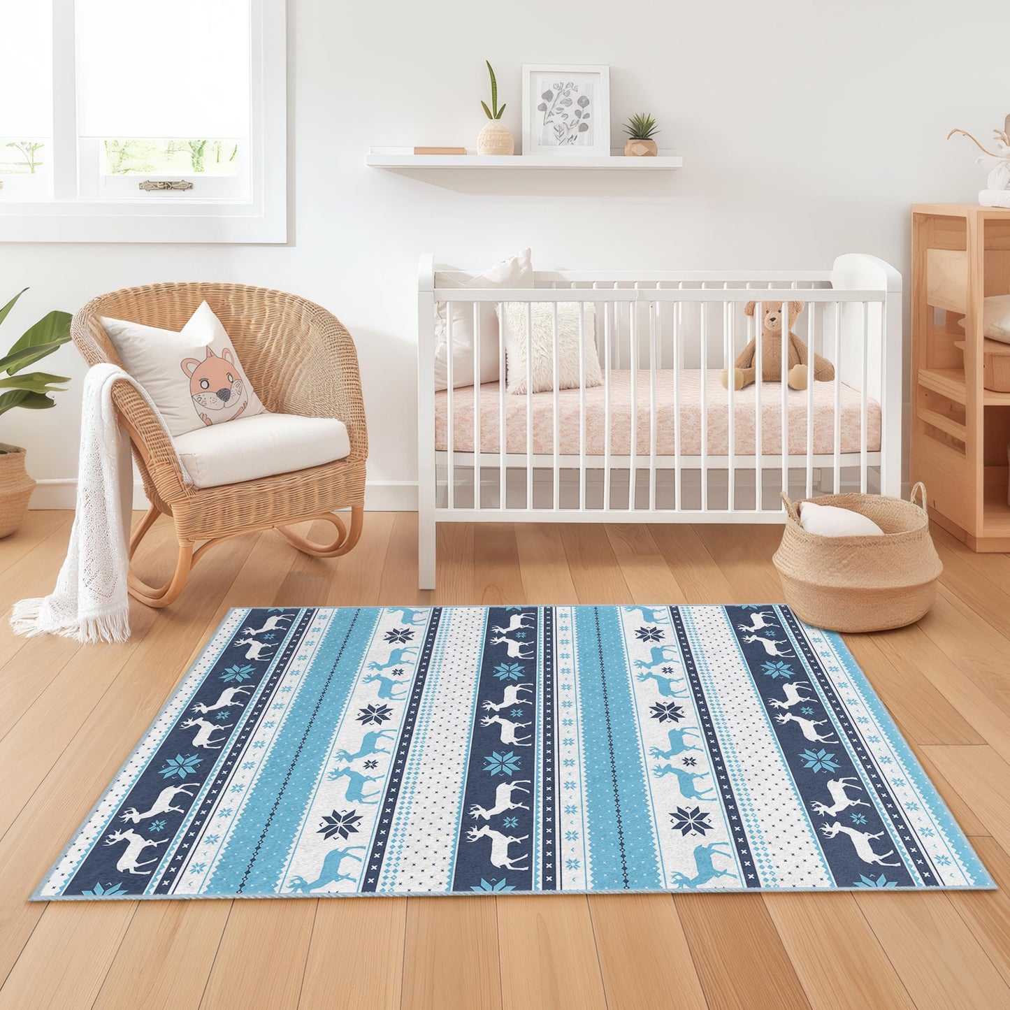 Winter Wonderland Deer Pattern Kids Rug, Rectangular Play Mat for Kids Room, Cozy Nursery Decor, Blue and White Design