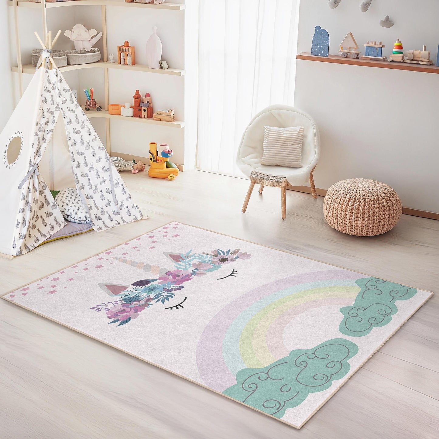 Whimsical Unicorn Kids Rug, Rainbow Theme Play Mat, Rectangle Children's Carpet, Nursery Decor, Flower Design Play Rug