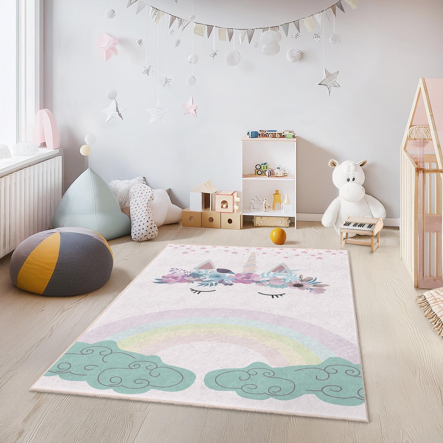 Whimsical Unicorn Kids Rug, Rainbow Theme Play Mat, Rectangle Children's Carpet, Nursery Decor, Flower Design Play Rug