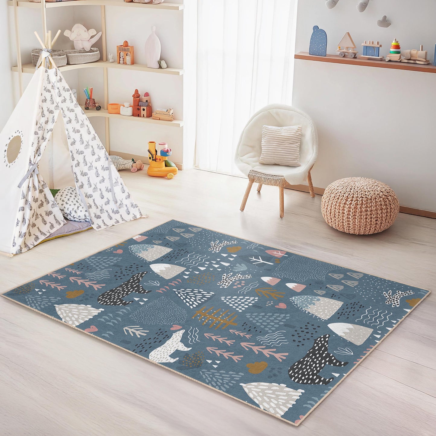 Forest Adventure Kids Rug, Bear and Trees Play Mat, Soft Rectangle Children's Rug, Nursery Decor for Kids Room