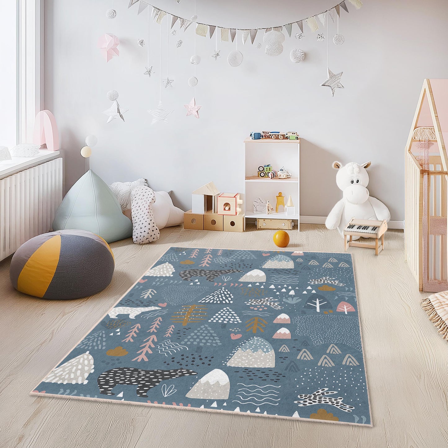 Forest Adventure Kids Rug, Bear and Trees Play Mat, Soft Rectangle Children's Rug, Nursery Decor for Kids Room