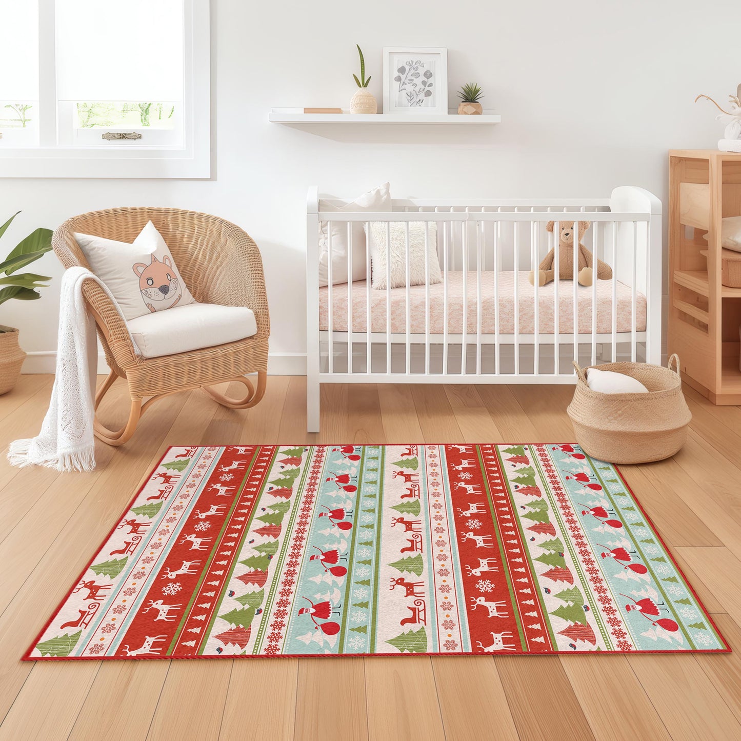 Festive Holiday Kids Rug, Rectangular Christmas Play Mat, Santa Reindeer Rug, Kids Room Decor, Christmas Tree Carpet