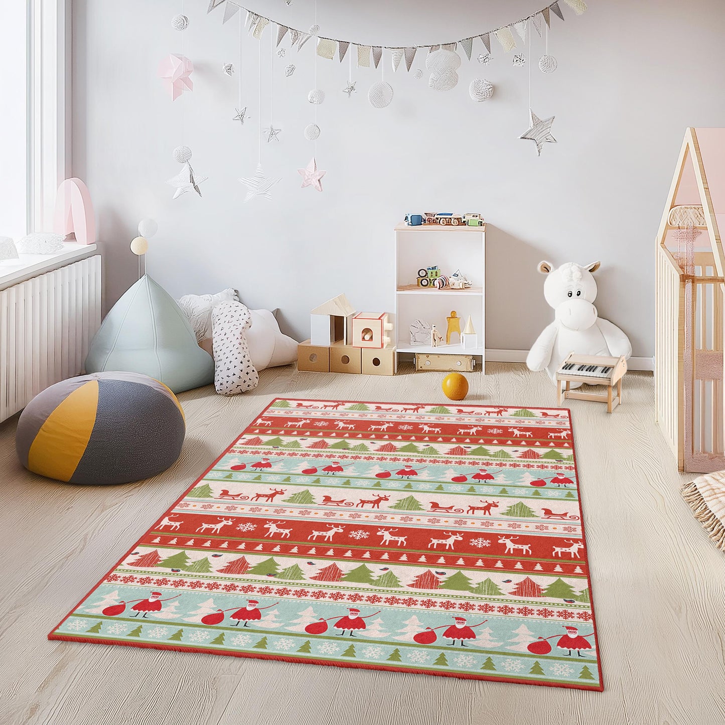 Festive Holiday Kids Rug, Rectangular Christmas Play Mat, Santa Reindeer Rug, Kids Room Decor, Christmas Tree Carpet