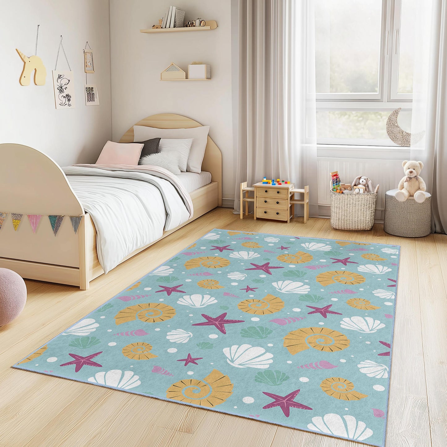 Seashell Starfish Kids Rug: Underwater Nursery Play Mat