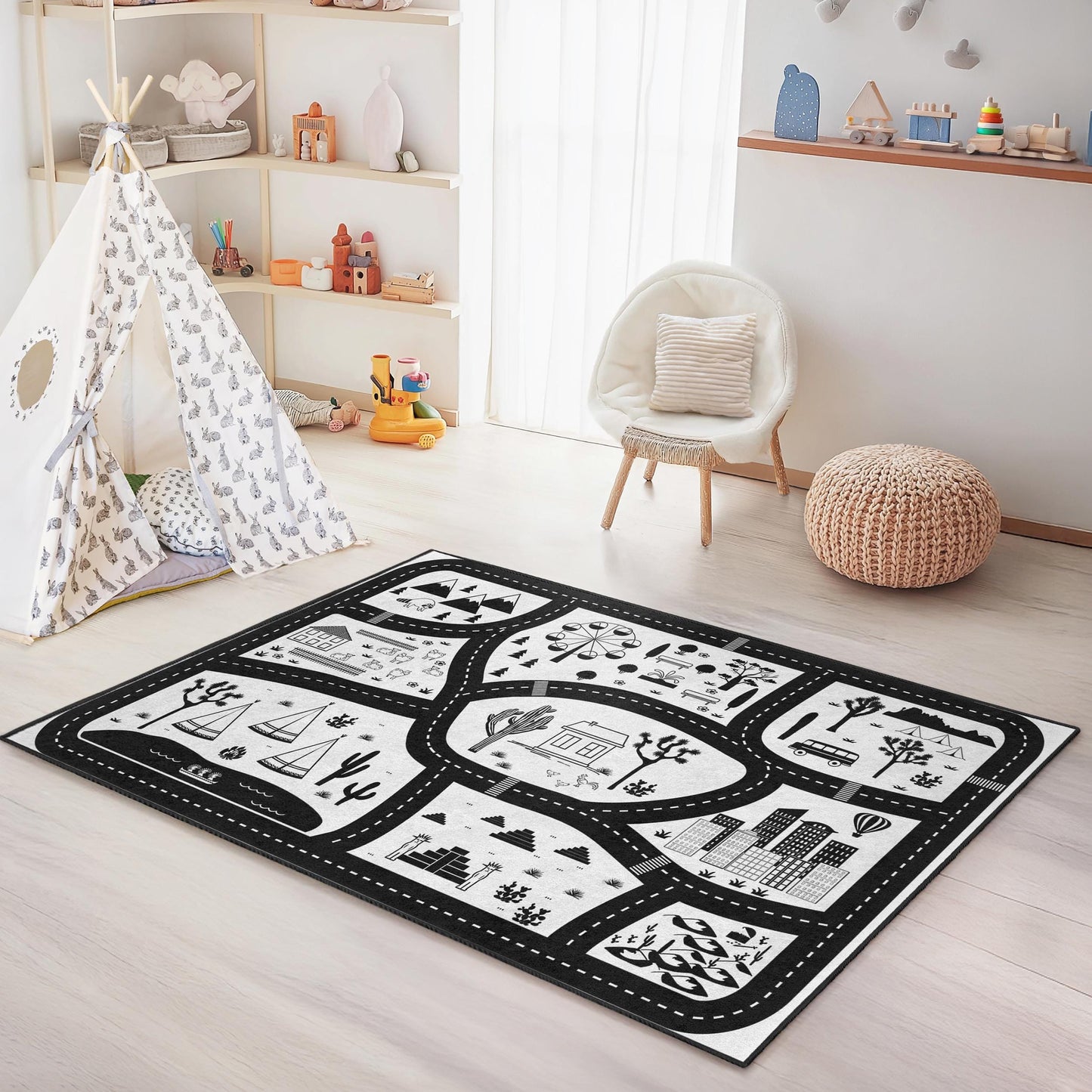 Adventure Road Map Kids Rug, Black and White Children's Play Mat, Rectangle Kids Rug, Fun Playroom Decor, Soft Children's Carpet