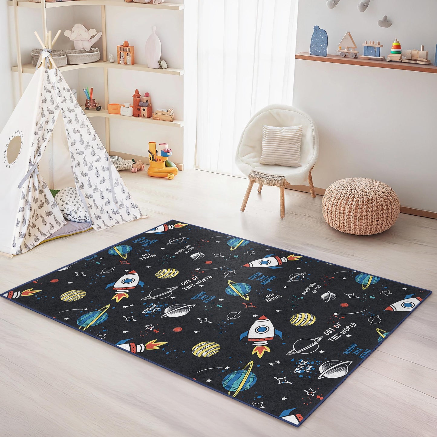 Out of This World Space Theme Kids Rug, Rocket and Planet Play Mat, Rectangle Childrens Rug, Cosmic Decor for Kids Room