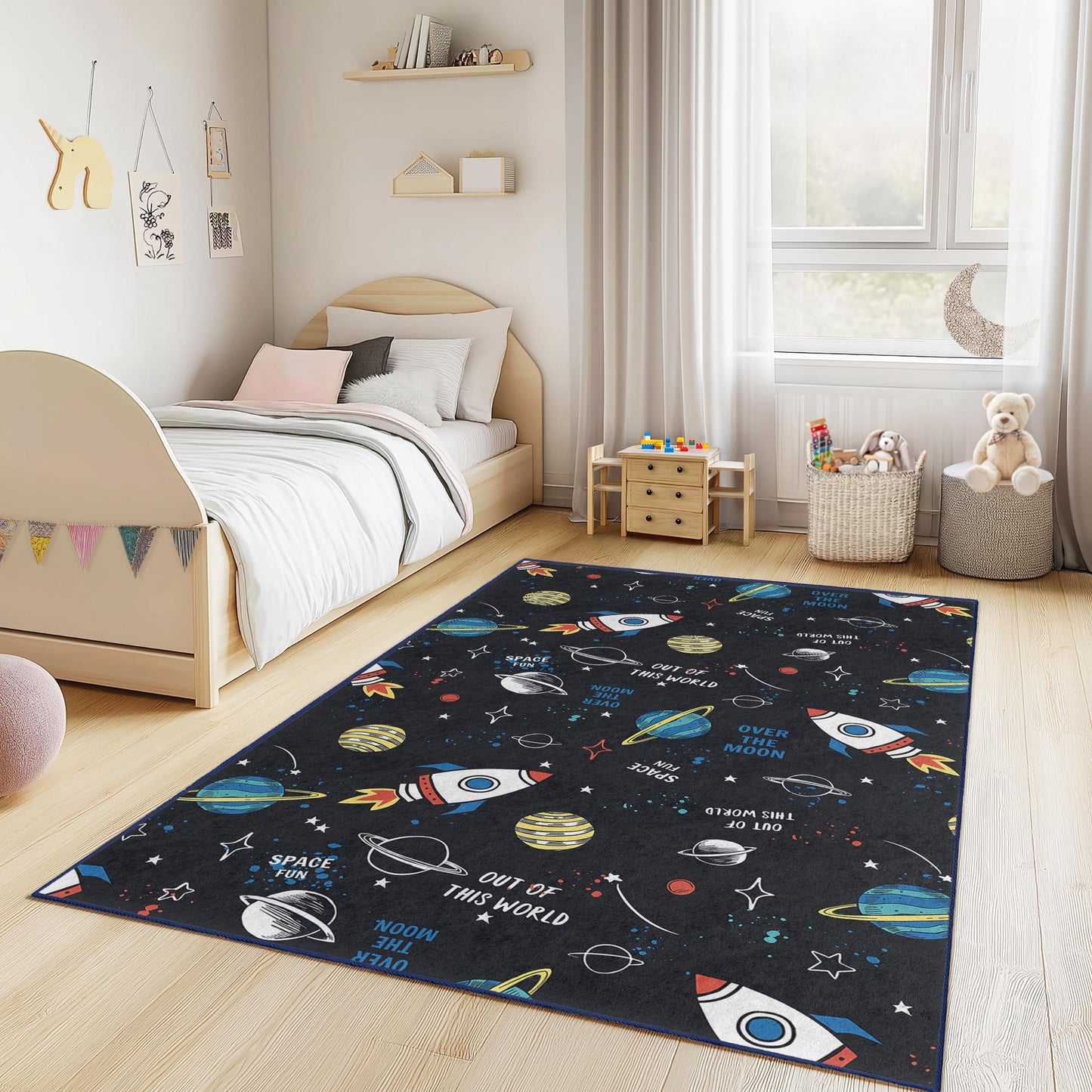 Out of This World Space Theme Kids Rug, Rocket and Planet Play Mat, Rectangle Childrens Rug, Cosmic Decor for Kids Room