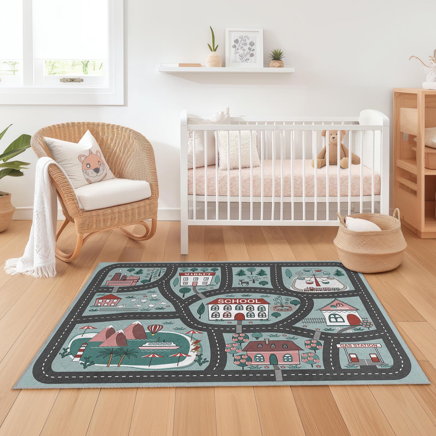 Playful City Roads Kids Rug, Interactive Rectangle Rug for Playroom, School Theme Kids Carpet, Soft Play Mat for Children
