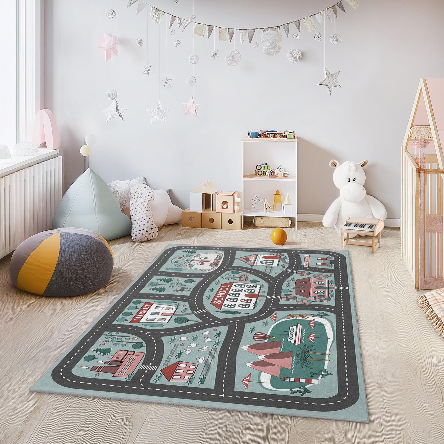Playful City Roads Kids Rug, Interactive Rectangle Rug for Playroom, School Theme Kids Carpet, Soft Play Mat for Children