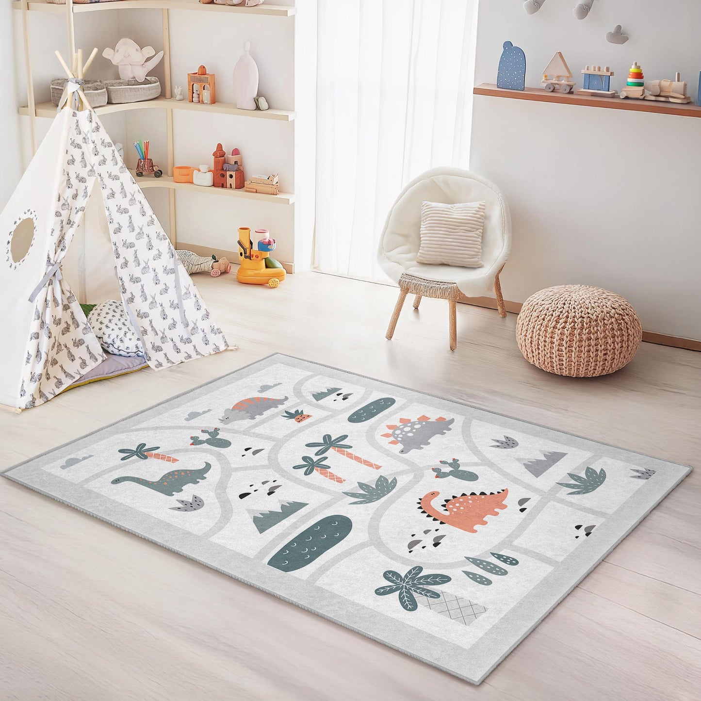Dinosaur Adventure Kids Play Rug, Interactive Dinosaur Kids Carpet, Rectangle Play Mat, Colorful Kids Room Decor, Soft Nursery Rug