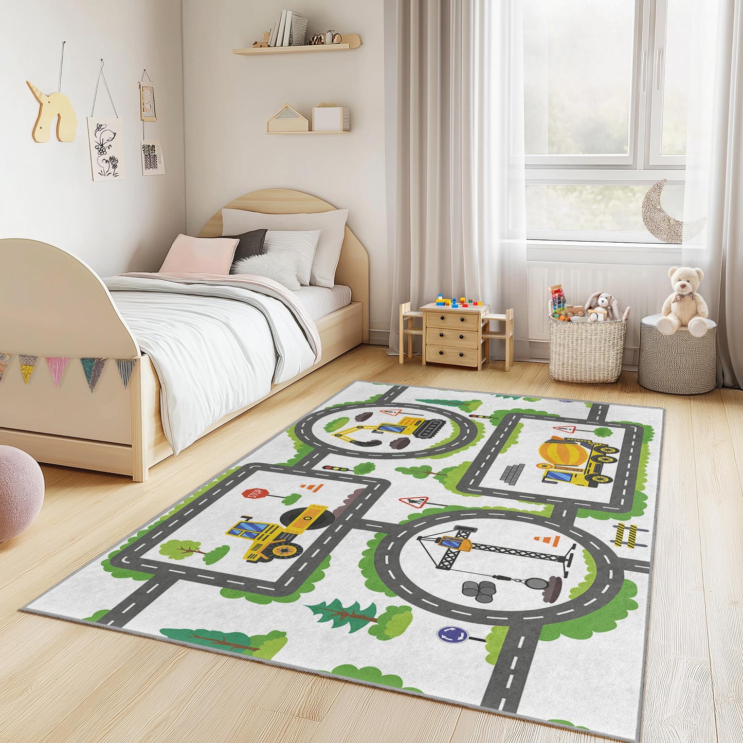 Construction Zone Kids Play Rug, Road Map Rug for Children, Interactive Play Mat for Kids Room, Rectangle Kids Carpet