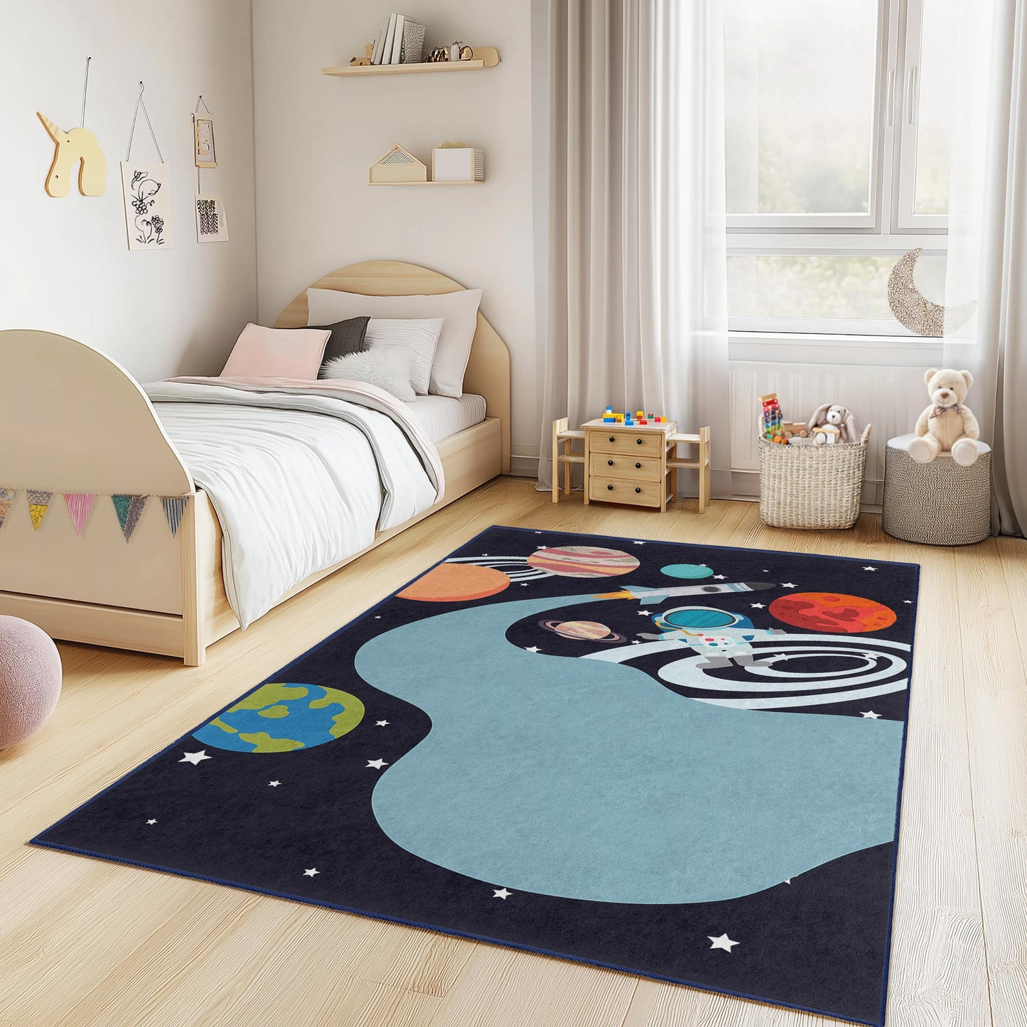 Outer Space Adventure Kids Rug, Astronaut Play Mat, Galaxy Themed Rug for Children's Room, Space Design Nursery Decor