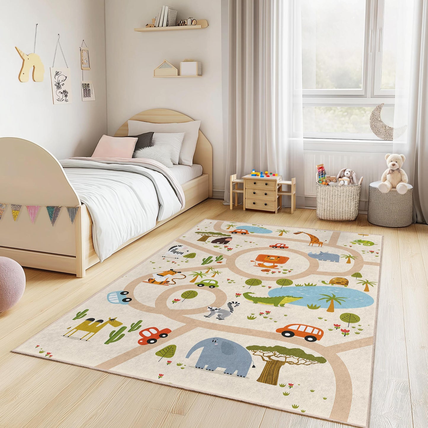 Safari Play Mat, Colorful Animal Adventure Kids Play Rug, Rectangle Animal Map Rug, Childrens Room Carpet, Nursery Decor