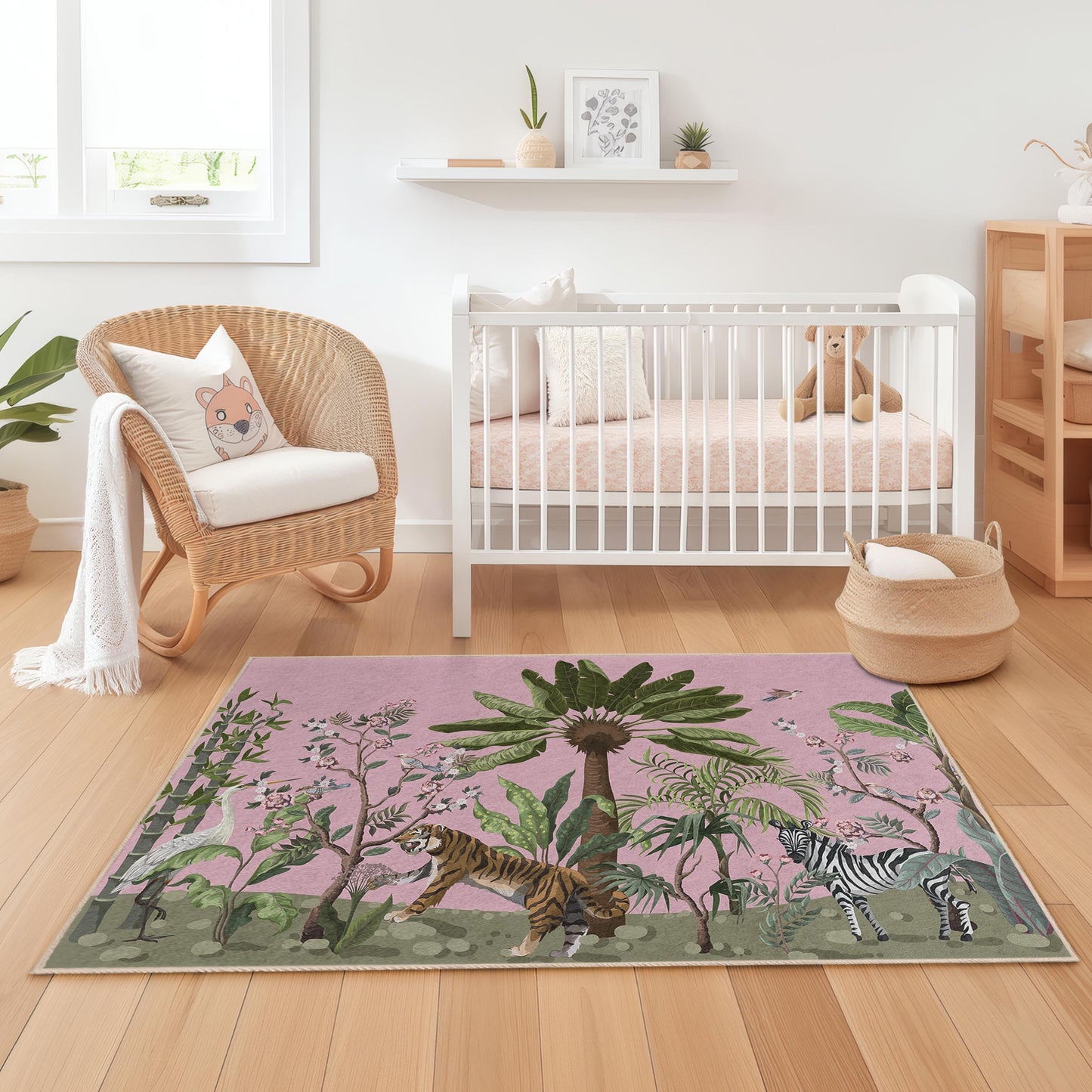 Jungle Adventure Kids Play Rug, Animal Theme Kids Carpet, Rectangular Play Mat for Kids Room, Soft Nursery Decor, Safari Rug