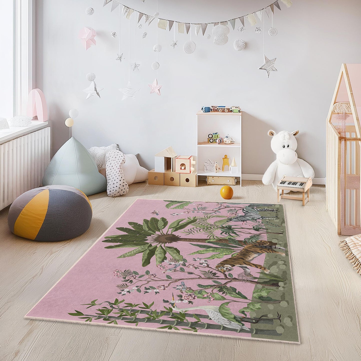 Jungle Adventure Kids Play Rug, Animal Theme Kids Carpet, Rectangular Play Mat for Kids Room, Soft Nursery Decor, Safari Rug