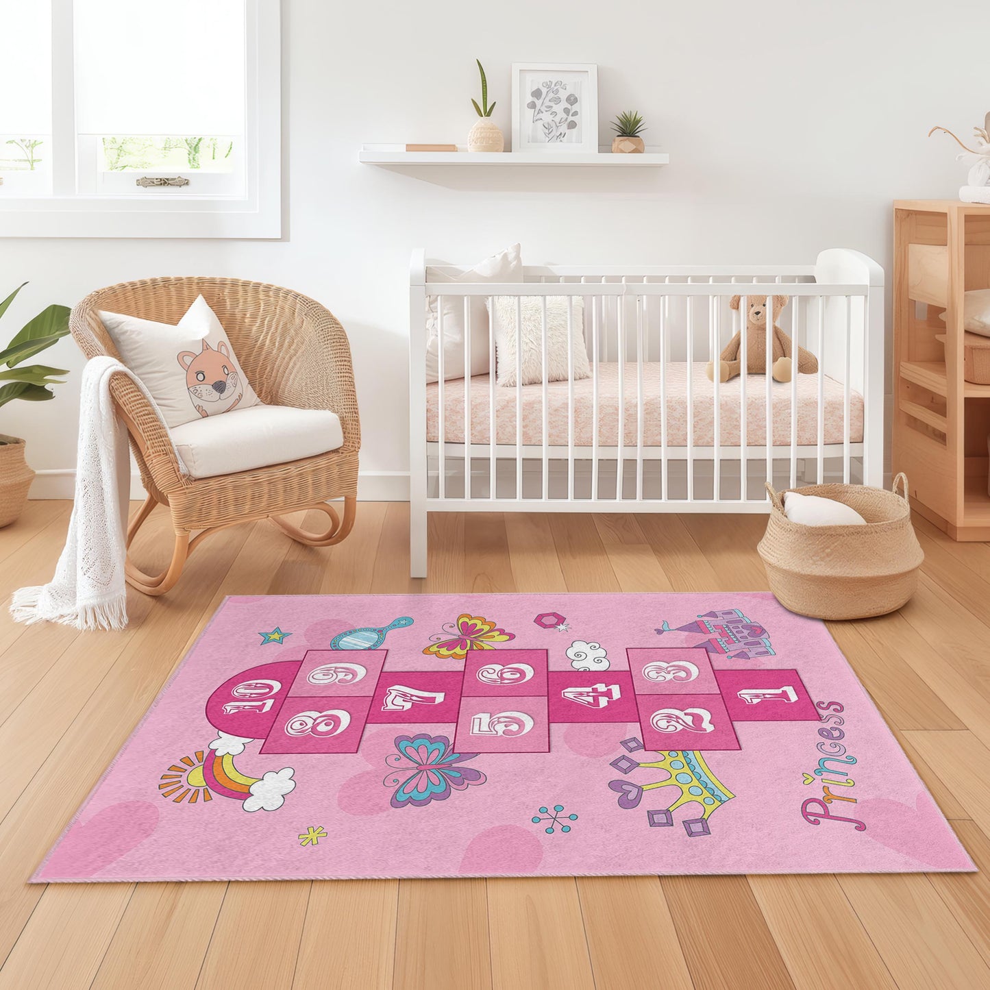 Princess Hopscotch Play Rug for Kids Room, Rectangle Kids Carpet, Soft Play Mat, Nursery Decor, Fun Butterfly Design