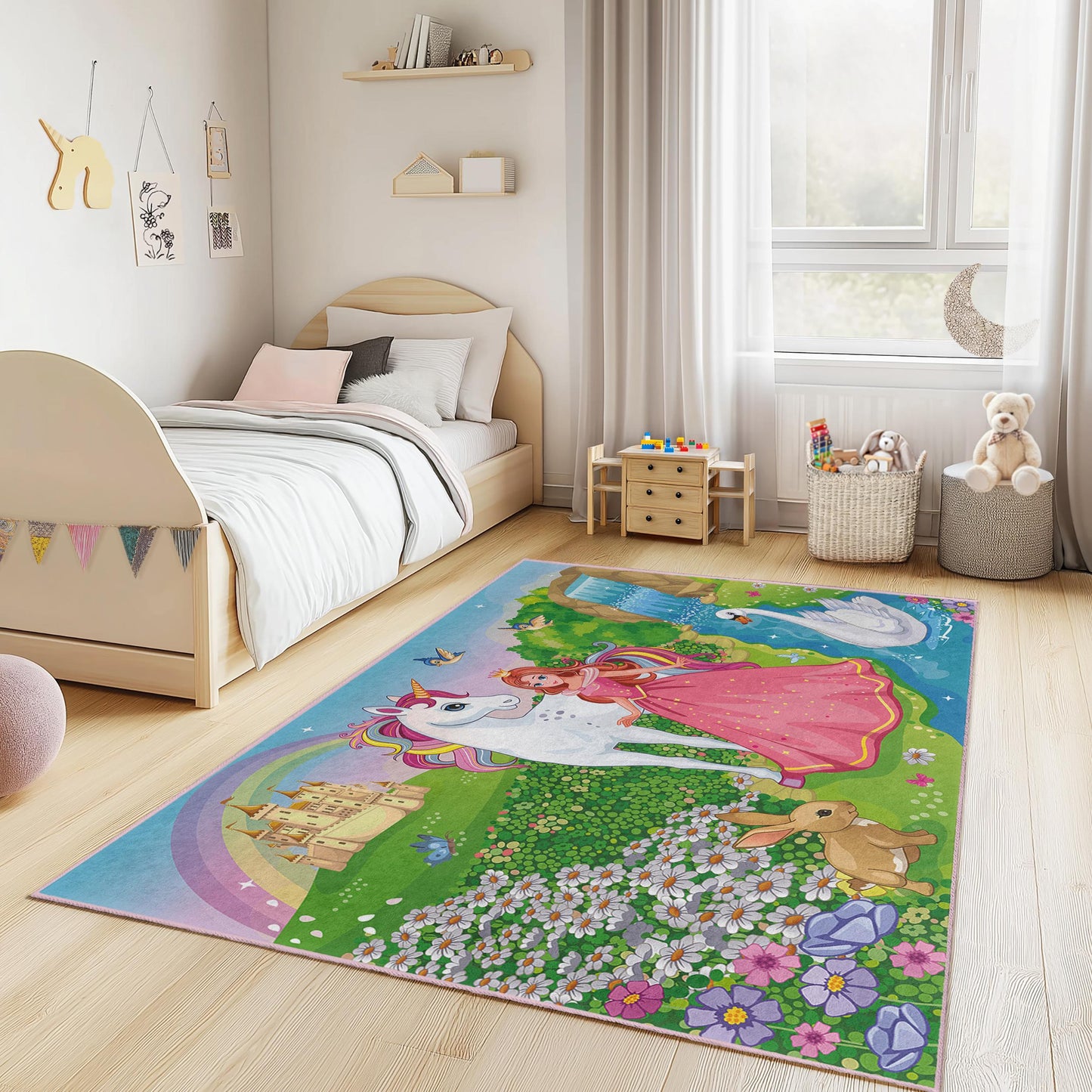 Magical Unicorn and Princess Kids Play Rug, Fairy Tale Rectangular Rug, Enchanted Landscape Carpet for Children's Room