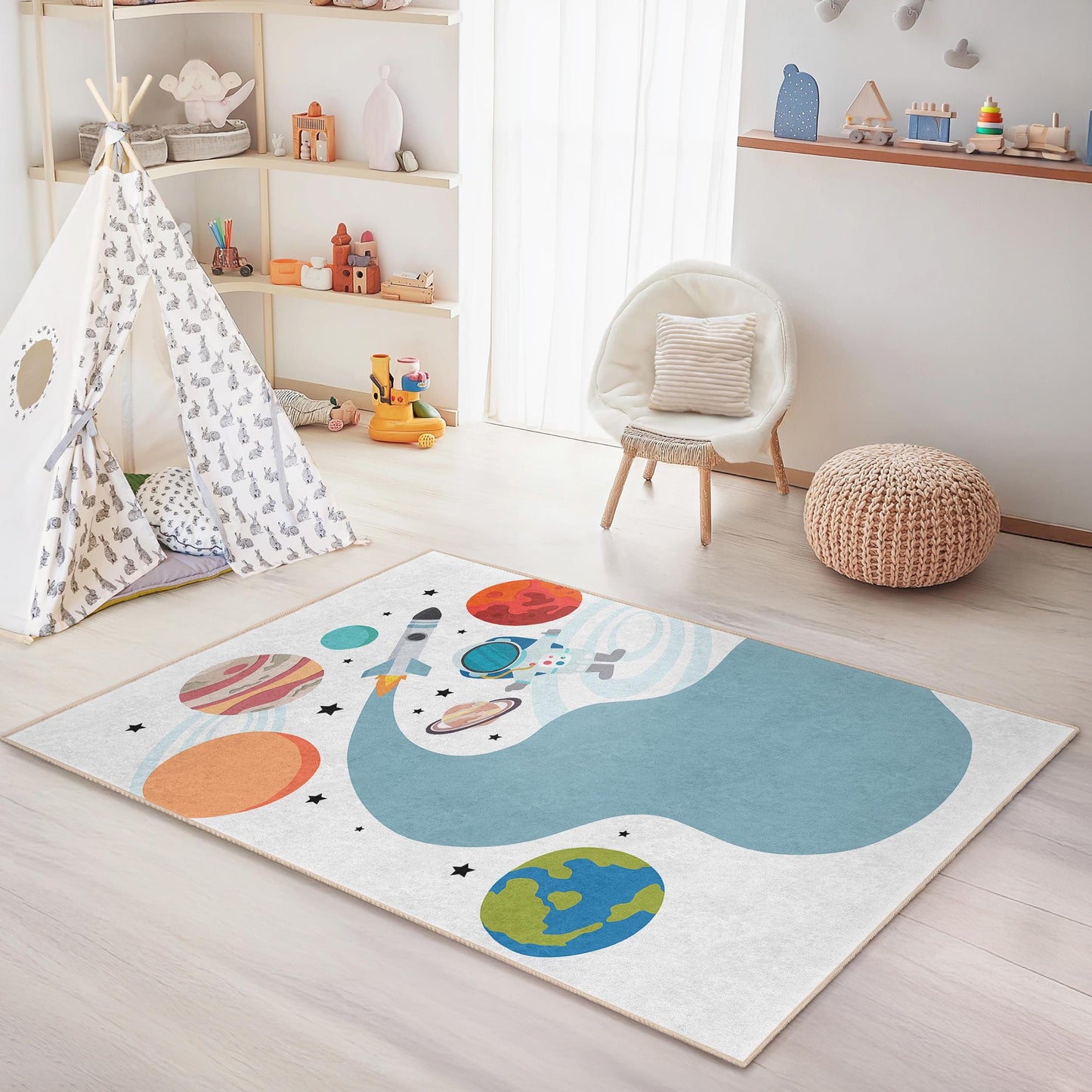 Space Adventure Kids Play Rug, Astronaut Carpet for Kids Room, Rectangular Play Mat, Galaxy Decor, Toddler Playroom Rug
