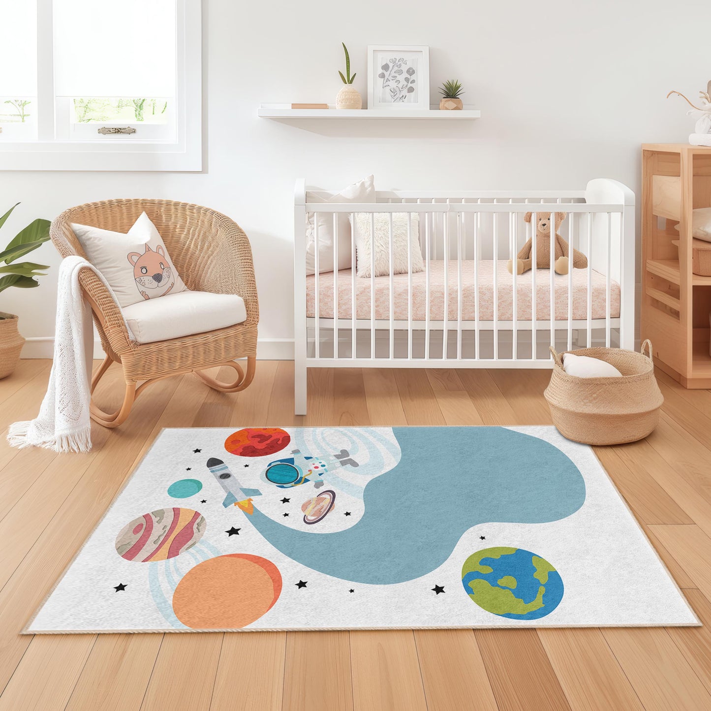 Space Adventure Kids Play Rug, Astronaut Carpet for Kids Room, Rectangular Play Mat, Galaxy Decor, Toddler Playroom Rug