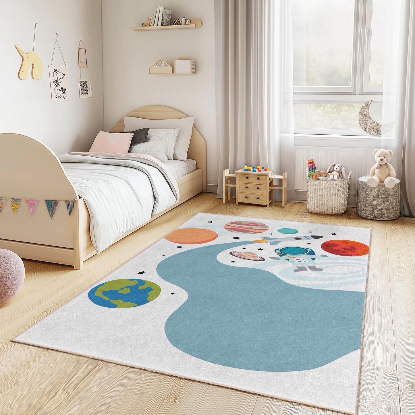 Space Adventure Kids Play Rug, Astronaut Carpet for Kids Room, Rectangular Play Mat, Galaxy Decor, Toddler Playroom Rug