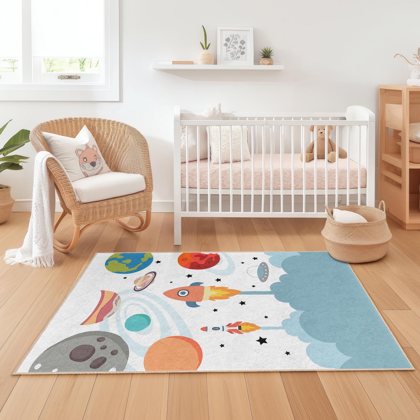 Space Adventure Kids Rug: Rocket & Planet Playroom Decor