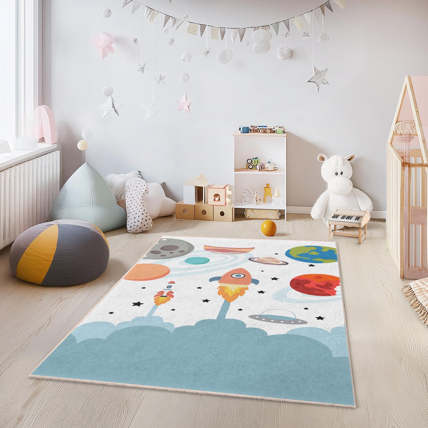 Space Adventure Kids Rug: Rocket & Planet Playroom Decor