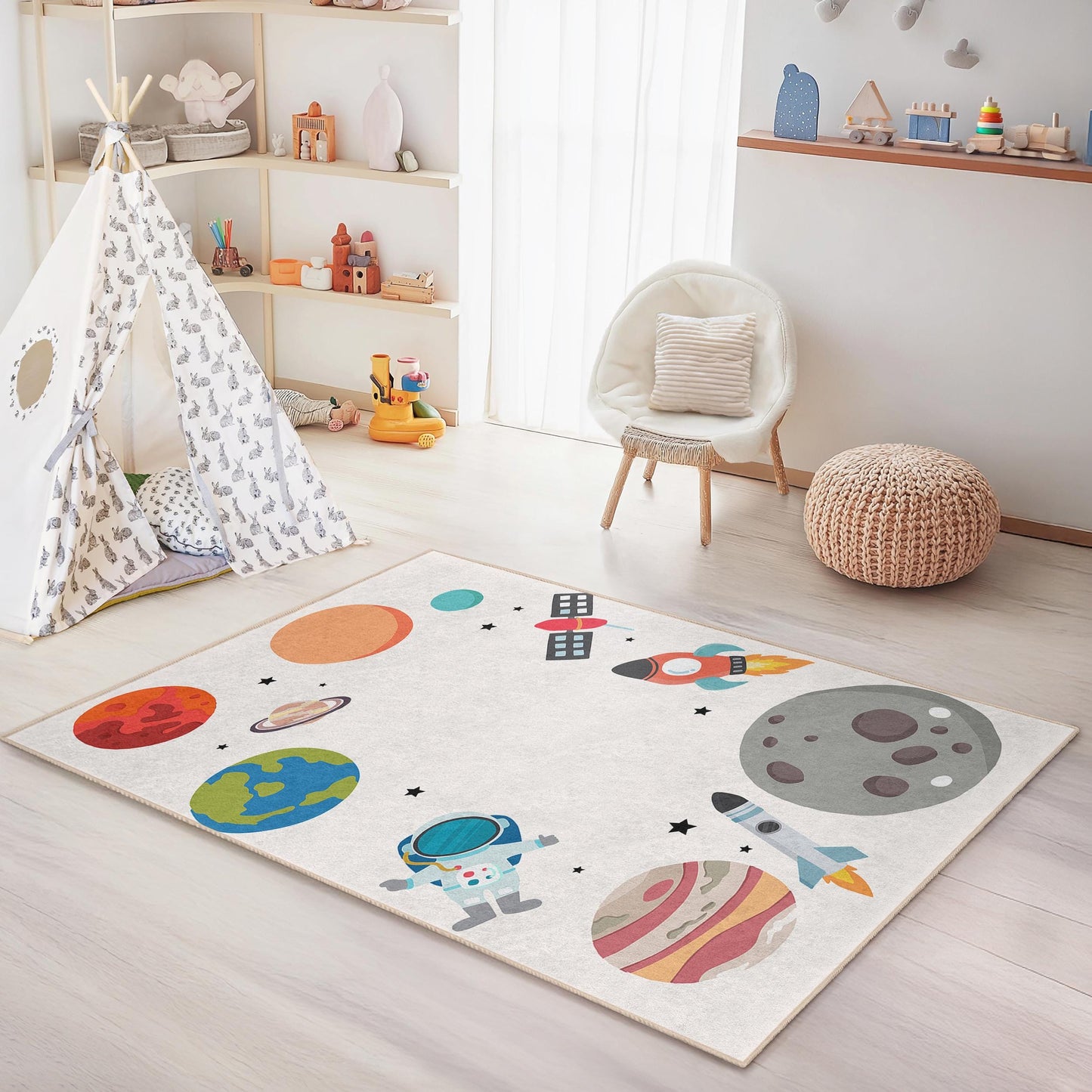 Cosmic Adventure Kids Rug, Space Theme Play Mat, Rectangle Kids Room Carpet, Astronaut Rug, Galaxy Decor for Children